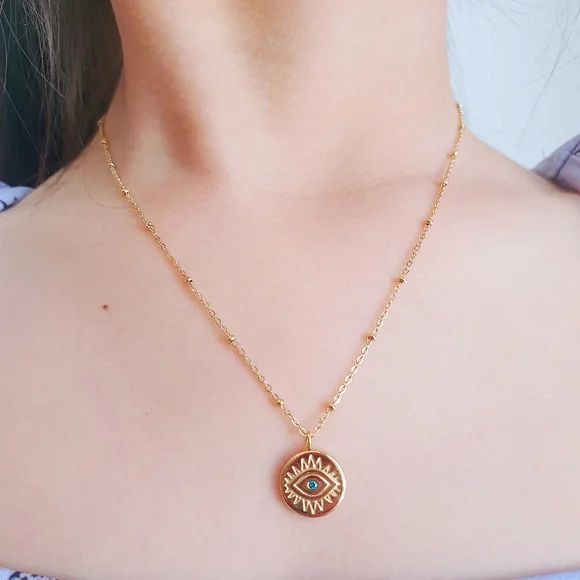 Water Resistant 18ct Gold Evil Eye Ball Beaded Necklace - Picture 4 of 4